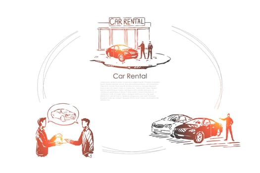 Auto rent, showroom, salesman and customer make deal, transport dealership service, vehicle sale center banner. Automobile shop, car rental agency concept sketch. Hand drawn vector illustration