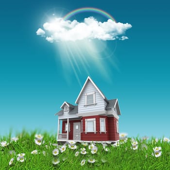 3D render of a house nestled in grass and daisies against a blue sunny sky
