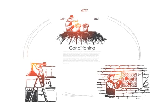 Climate control appliance, repairman fixing conditioner, cooling equipment banner template. Air conditioning, ventilation system installation concept sketch. Hand drawn vector illustration