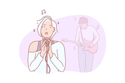 Music, band, singing concept. Young woman singer with man guitar player are doing perfomance at concer. Girl singer is standing on stage and sing music ong on microphone. Simple flat vector