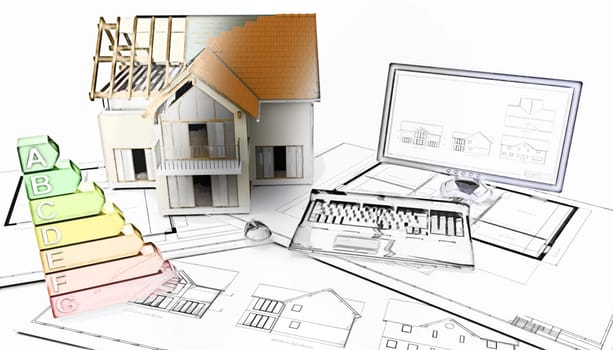 3D render of a half built house on plans with half in sketch phase