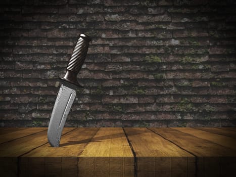 3D render of a knife stuck in wooden table against grunge brick wall