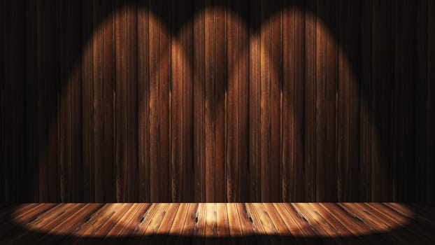 3D render of a grunge wooden interior with spotlights shining down