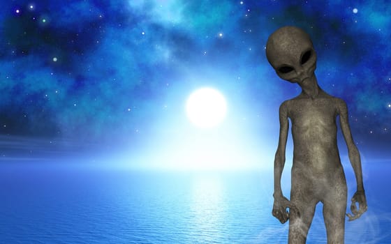 3D render of a halloween landscape with alien against ocean space scene