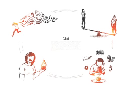 Healthy lifestyle, weight loss, calories control, woman eating fruits and vegetables, vegetarian food banner template. Nutrition plan, vitamin diet concept sketch. Hand drawn vector illustration