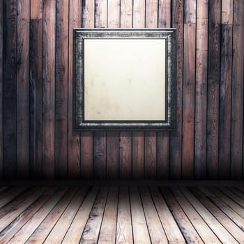 3D render of a grunge wood interior with blank picture frame