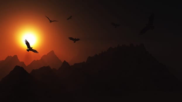 3D render of a landscape with birds flying in the sunset sky over mountains