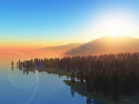 3D render of a landscape of trees against a sunset sky