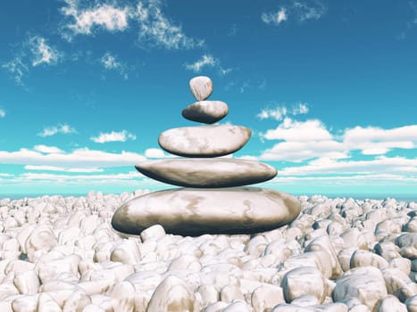3D render of a landscape with balancing zen pebbles with sunny blue sky
