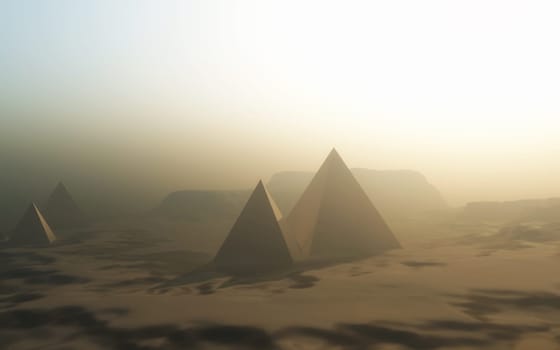 3D render of a landscape with pyramids in desert