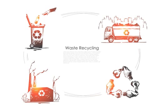 Zero waste, nature, ecology protection, pollution reduction, environment preservation, plastic free banner. Garbage disposal, trash recycling concept sketch. Hand drawn vector illustration