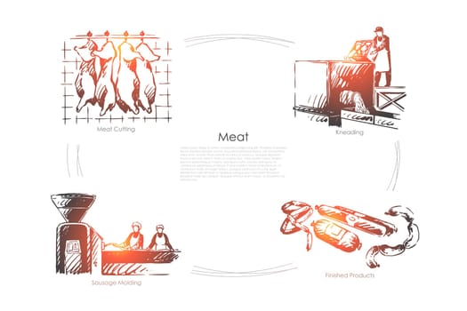 Butchery, ham cutting, kneading, sausage molding, stake making process, slaughterhouse, food shop banner. Butcher occupation, meat processing plant concept sketch. Hand drawn vector illustration