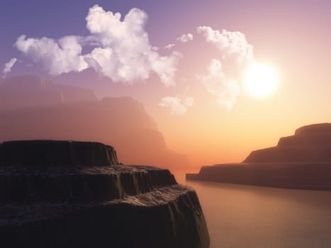 3D render of a landscape with cliffs in the ocean against a sunset sky