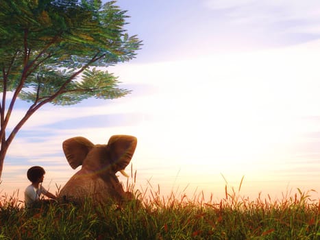 3D render of a landscape with boy and baby elephant sat under a tree