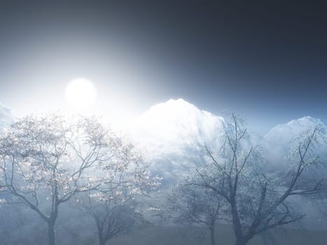 3D render of a landscape with snowy mountain