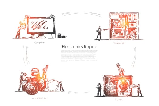 Technical equipment workshop, tiny people fixing computer, system unit and action camera banner template. Electronics repair, maintenance service concept sketch. Hand drawn vector illustration