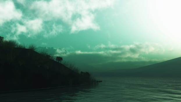 3D render of a landscape with hills and mountains with lake
