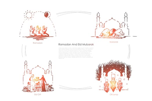 Muslim traditional holiday, islamic culture event, people praying at mosque, arabic religious celebration banner template. Ramadan and eid mubarak concept sketch. Hand drawn vector illustration
