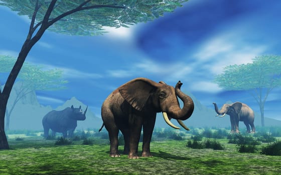 3D render of a landscape with elephants and rhino