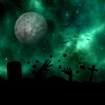 3D render of a landscape with silhouette of zombie erupting out of the ground against a space sky