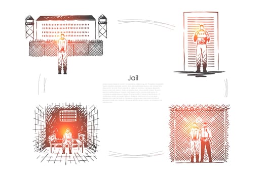 Jail, criminal penalty, crime punishment, prisoner incarceration, convict behind bars, correctional institution banner. Prison detention, imprisonment concept sketch. Hand drawn vector illustration