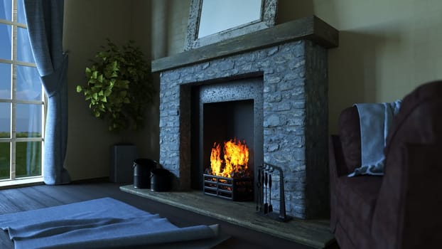 3D render of a lounge interior with roaring fire in fireplace