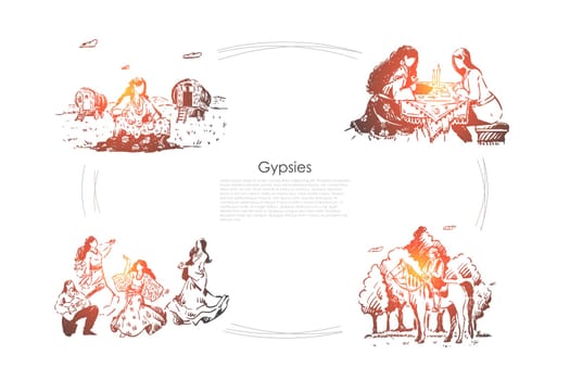 Oracle, fortune telling, future divination, young women in dresses dancing, man playing guitar banner. Romani lifestyle, gypsies caravan concept sketch. Hand drawn vector illustration