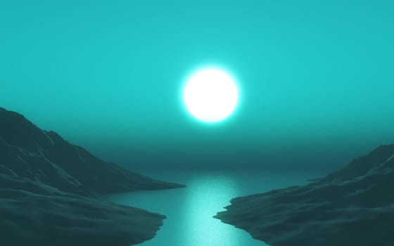 3D render of a landscape with green sunset sky