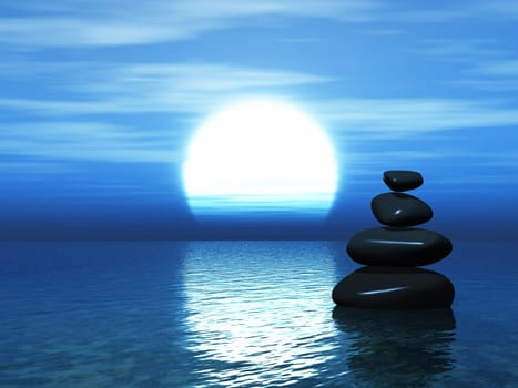 3D render of a landscape with stacked pebbles in sunset ocean