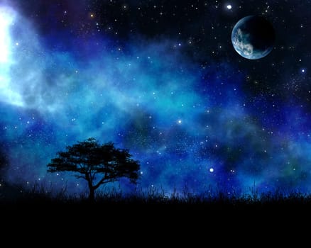 3D render of a landscape with tree against space sky with abstract planet