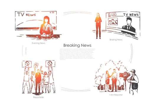 Evening television program, female newscaster, reporter taking interview, mass media press banner. Journalist profession, breaking news broadcasting concept sketch. Hand drawn vector illustration
