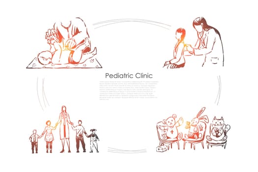 Children hospital, physician checks kids health, doctor and little patients holding hands, childcare banner. Pediatrician profession, pediatric clinic concept sketch. Hand drawn vector illustration