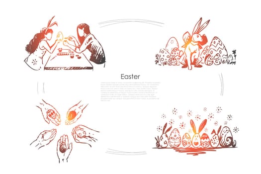Girlfriends wearing bunny ears, eggs decorating, traditional festive hunt banner template. Happy easter, spring season holiday celebration concept sketch. Hand drawn vector illustration