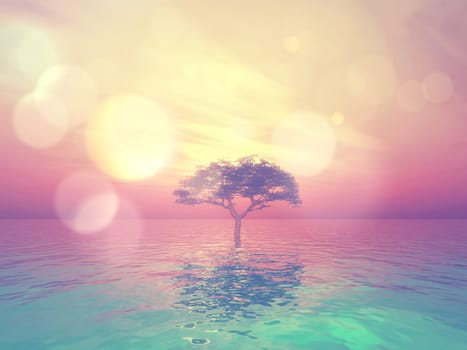 3D render of a landscape with tree in ocean against a sunset sky with vintage bokeh lights