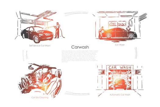 Automobile maintenance business, vehicle care, automatic and dry transport cleaning banner template. Car wash service, auto washing station concept sketch. Hand drawn vector illustration