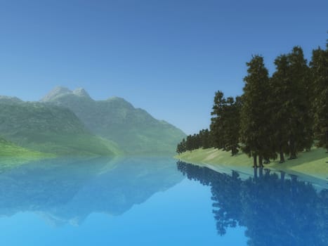 3D render of a landscape with trees and mountains at a lake side