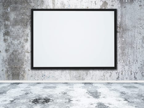 3D render of a large blank picture frame in a grunge concrete interior
