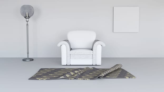 3D render of a lounge interior with blank canvas on wall