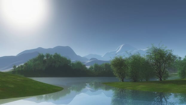 3D render of a landscape with trees against lake side