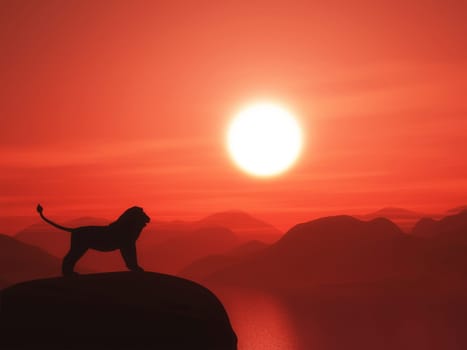 3D render of a lion silhouetted against a sunset ocean landscape