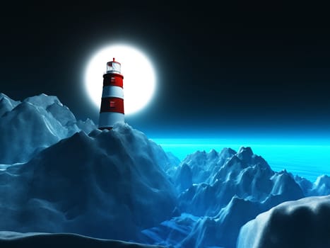 3D render of a lighthouse on rocky cliffs against a night sky