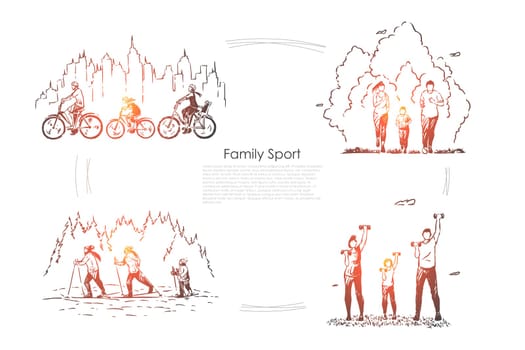 Parents with child training together, kid cycling, jogging, skiing with mother and father, workout banner. Family sport, healthy lifestyle concept sketch. Hand drawn vector illustration