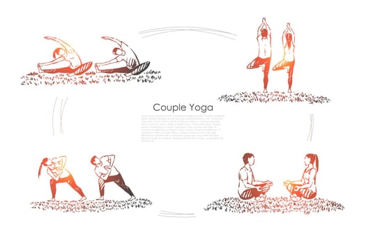 Man and woman sitting in lotus pose, healthy lifestyle, people meditating, husband and wife relaxation banner. Couple yoga, fitness exercise concept sketch. Hand drawn vector illustration