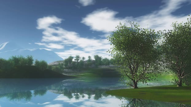 3D render of a landscape with trees on hills alongside river