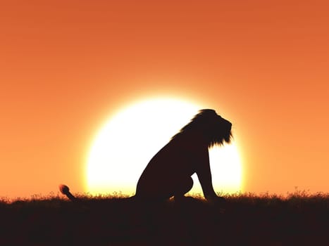 3D render of a lion silhouetted against a sunset sky