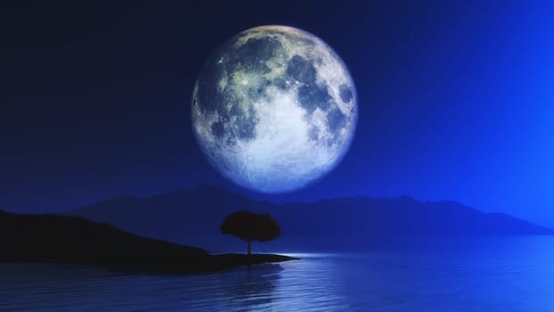3D render of a landscape with tree against moonlit sky