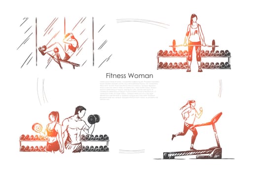 Sportswoman working out, sport activity, people training in gym, treadmill jogging, bodybuilding banner. Fitness exercise, healthy lifestyle concept sketch. Hand drawn vector illustration