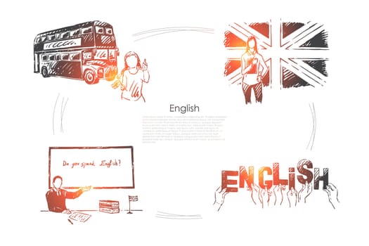 Great Britain traveling, british culture exploration, foreign study, citizenship exam, hands holding letters banner. English language learning concept sketch. Hand drawn vector illustration