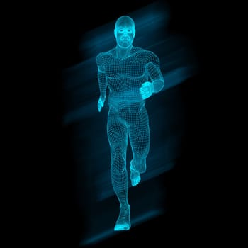 3D render of a male figure in running pose with wireframe design