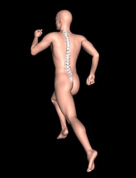 3D render of a male figure in running pose with spine highlighted